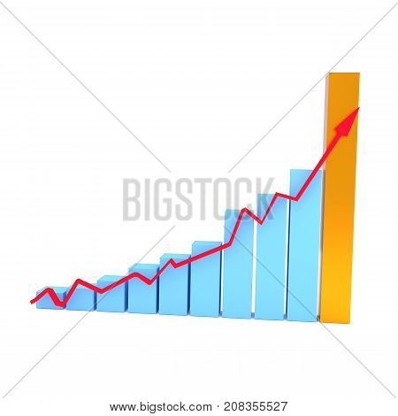 Business graph in blue and gold with an upswing arrow success concept 3d rendering