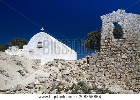 Traditional Greek chapel at Monolithos castle Rhodes
