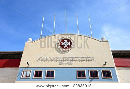 ATTARD, MALTA - APRIL 1, 2017 - Front view of the Centenary Stadium Attard Malta Europe, Arpil 1, 2017.