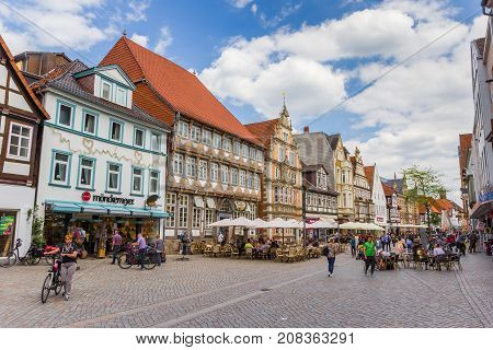 HAMELN, GERMANY - MAY 22, 2017: Shopping street with historic buildings in Hameln, Germany