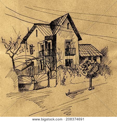 Ink illustration with mennonites old house on craft paper. Hand drawn ink graphic with trees, house.