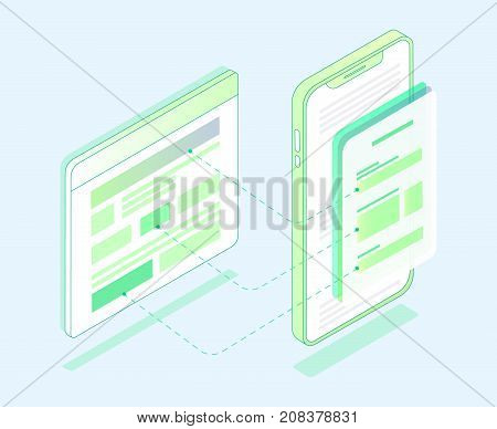 Flat design Isometric Prototype of site page and mobile version. Sketch mobile website. Interface UI, vector illustration