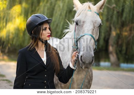Young brunette beauty jokey girl leading horse in the park