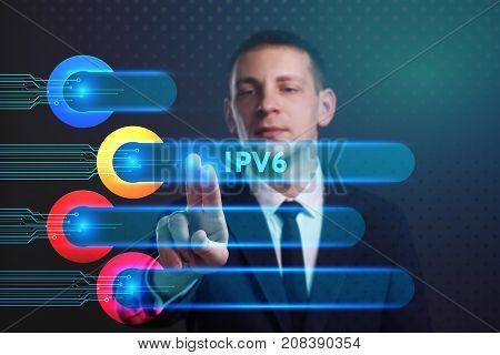 Business, Technology, Internet And Network Concept. Young Businessman Working On A Virtual Screen Of
