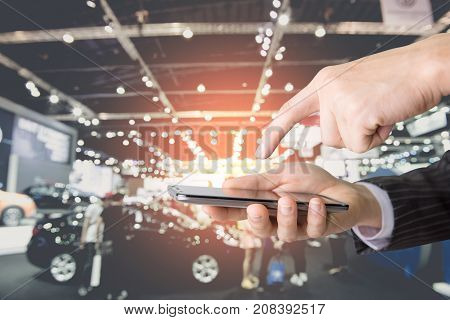 Double Exposure Of Success Businessman Using Smart Phone.