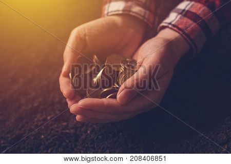Agricultural productivity money yield and income after crop harvest female farmer and agronomist with handful of golden coins