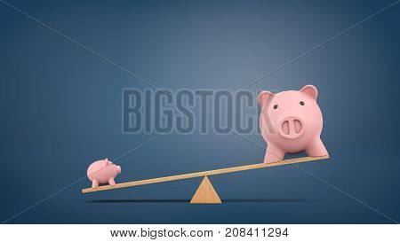 3d rendering of a wooden seesaw on chalkboard background with a small piggy bank overweighing a large one. Long-term value. True worth. Wealth comparison.