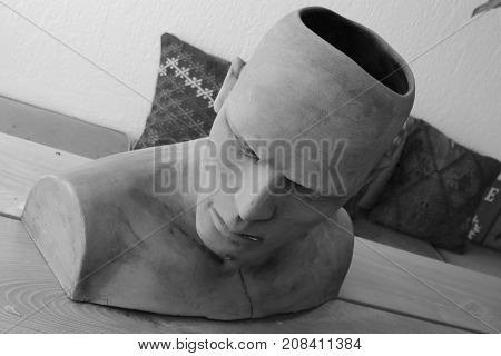 29TH JULY 2018, FETHIYE, TURKEY: A clay model of a males head and shoulders as a piece of décor at a hotel in fethiye, turkey, 29th july 2017