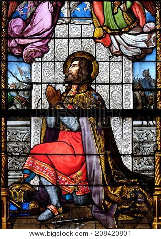 ZAGREB, CROATIA - NOV 29: Saint Ladislaus, stained glass in Zagreb cathedral dedicated to the Assumption of Mary in Zagreb on Nov 29, 2014