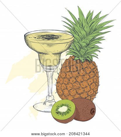 Exotic cocktail skech. Tropical cocktail with pineapple and kiwi fruit