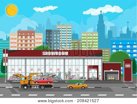 Exhibition pavilion, showroom or dealership. Car showroom building. Car center or store. Auto service and shop. Cityscape, road, house, tree, sky, cloud and sky. Vector illustration in flat style