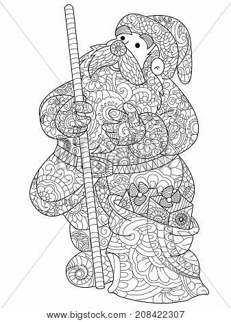 Santa Claus with a bag of gifts book for adults raster illustration. Father Frost Anti-stress coloring. Zentangle style. Black and white lines. Lace pattern