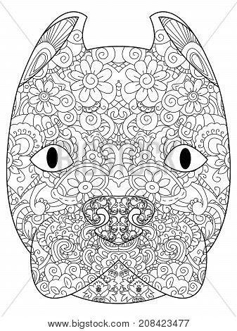good American Pit Bull Terrier head coloring book for adults raster illustration. Anti-stress coloring for adult. Zentangle style. Black and white lines. Lace pattern Dog breed