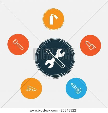 Apparatus Icons Set. Collection Of Gasoline Cutter, Clippers, Screwdriver With Wrench And Other Elements