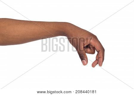 male hand measuring invisible items, man's palm making gesture while showing small amount of something on white isolated background
