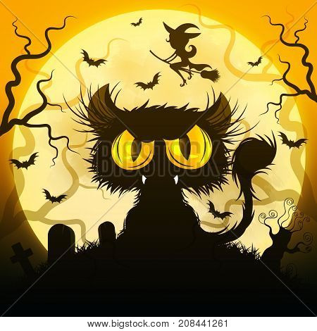 Halloween Black Cat Against a Moon Night Sky.