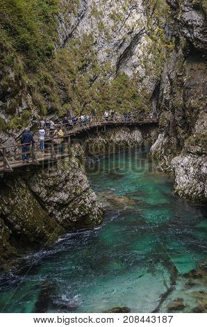 SLOVENIA, SOTESKA VINTGAR- September 30 2017: Nature autumn landscape. Waterfall at Soteska Vintgar Slovenia. The Vintgar Gorge or Bled Gorge.