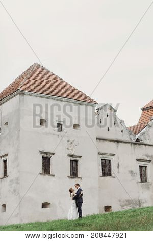 Beautiful Gorgeous Bride And Groom Posing Outdoors. Happy Wedding Couple Hugging And Embracing At Ol