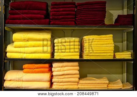Multicolored Handtowel Closeup Texture Household Object Woven Fabric Folded Red Yellow Orange