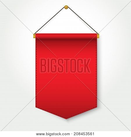 Red Pennant Template Hanging on Wall, Blank Flag Banner, Empty poster mockup. Vector