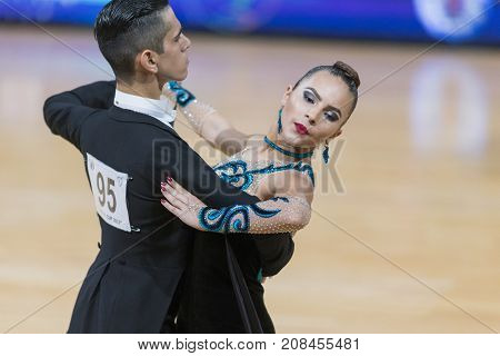 Minsk Belarus-October 7 2017: Dance Couple of Krestianinov Dmitry and Fomina Anna Performs Adults European Standard Program on WDSF International Capital Cup Minsk- 2017 in October 7 2017 in Minsk Belarus.