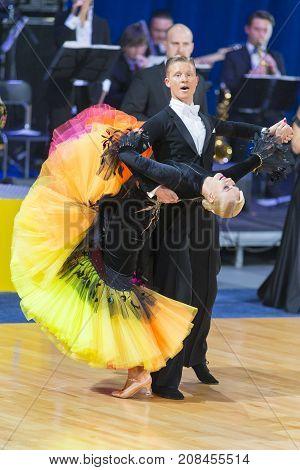 Minsk Belarus-October 7 2017: Dance Couple of Gordeev Ilia and Komarova Daria Performs Adults European Standard Program on WDSF International Capital Cup Minsk- 2017 in October 7 2017 in Minsk Belarus.