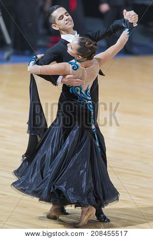 Minsk Belarus-October 7 2017: Dance Couple of Krestianinov Dmitry and Fomina Anna Performs Adults European Standard Program on WDSF International Capital Cup Minsk- 2017 in October 7 2017 in Minsk Belarus.