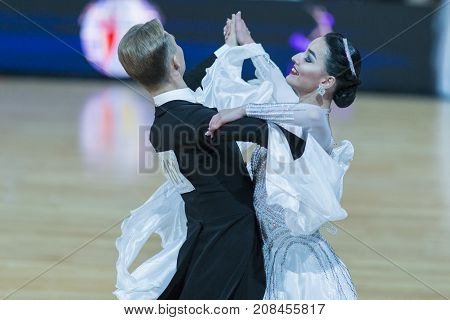 Minsk Belarus-October 7 2017: Dance Couple of Tyasto Danila and Gunko Elizaveta Performs Adults European Standard Program on WDSF International Capital Cup Minsk- 2017 in October 7 2017 in Minsk Belarus.