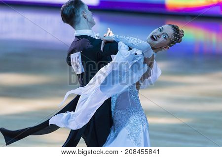 Minsk Belarus-October 7 2017: Dance Couple of Magdisyuk Andrey and Staricyna Nataliya Nataliya Performs Adults European Standard Program on WDSF International Capital Cup Minsk- 2017 in October 7 2017 in Minsk Belarus.