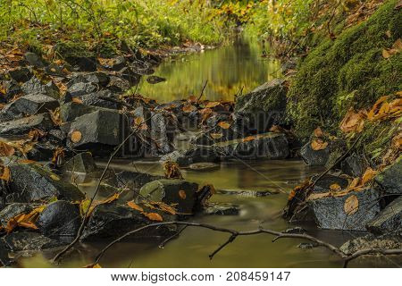 Stone Trough Near Chribska Kamenice River In National Park Ceske Svycarsko In Autumn Morning