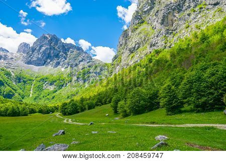 Picturesque Meadows And Forests Are Located Among The High Mountains.