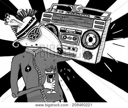 Figure rat punk with musik recorder with black and white