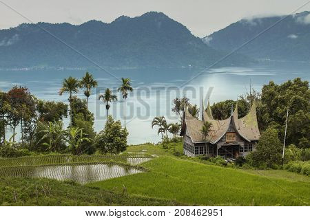 Beautiful View of Sengkarak lake with background mountain,west Sumatera,Indonesia