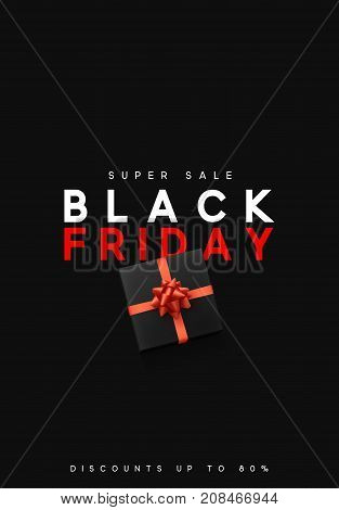 Black Friday sale, banner, poster advert. Card offert promotion design. Background black gift box with red bow.