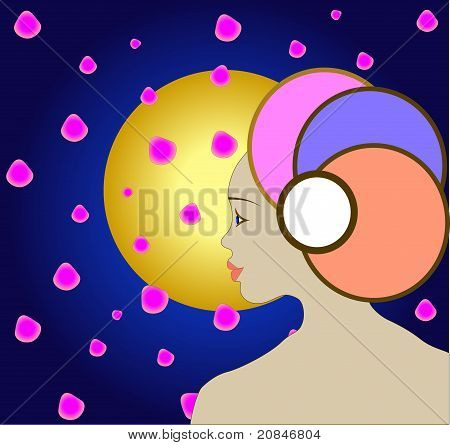 ragazza, petali di sakura, la luna