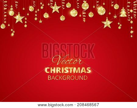 Holiday red background with sparkling Christmas glitter ornaments. Golden fiesta border. Festive garland with hanging balls and ribbons. Great for New year party posters, cards, headers.
