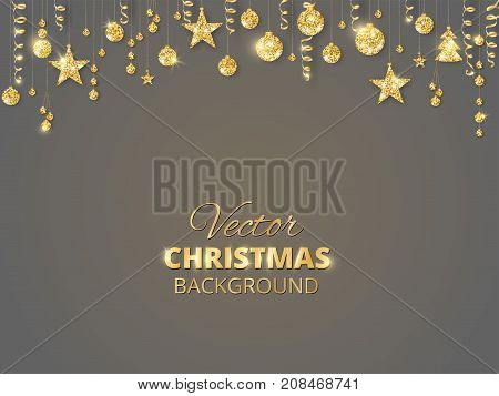 Holiday background with sparkling Christmas glitter ornaments. Golden fiesta border. Festive garland with hanging balls and ribbons. Great for Christmas and New year party posters, cards, headers.