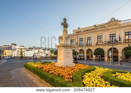 RONDA,SPAIN - SEPTEMBER 29,2017 - Evening at the Espana place in Ronda. Ronda is a city in the Spanish province of Malaga.