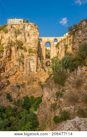 View at the El Tajo gorge with bridge (Puente Nuevo)in Ronda - Spain