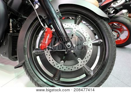 CRACOW POLAND - MAY 20 2017: The wheel of Moto Guzzi MGX 21 displayed at MOTO SHOW in Cracow Poland. Exhibitors present most interesting aspects of the automotive industry