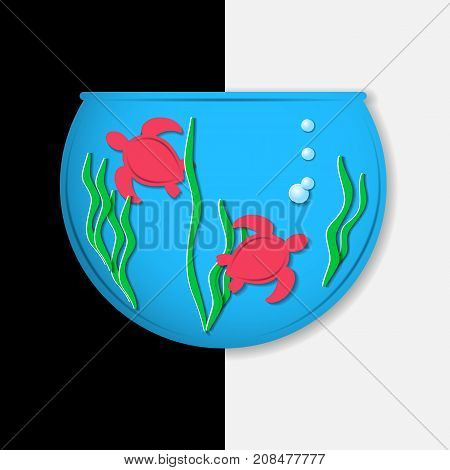 Turtles in the fishbowl. Paper cutout style. Vector illustration EPS10
