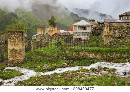 Ushguli - the highest inhabited village in Europe, Enguri gorge in Upper Svaneti, Georgia - UNESCO World Heritage Site