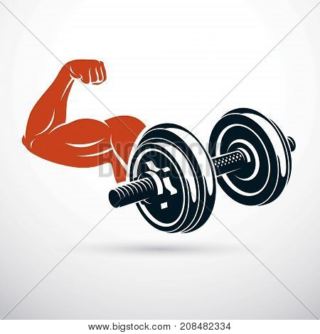Vector illustration of bodybuilder muscular arm with dumbbell. Power lifting.