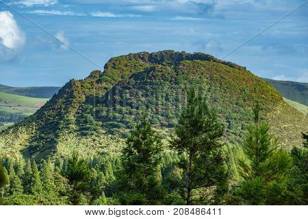 Long shot of volcano crater in Azores islands, Terceira
