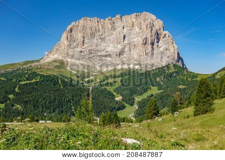 Wide view of picturesque Sella rock in Dolomiti alps, Italy