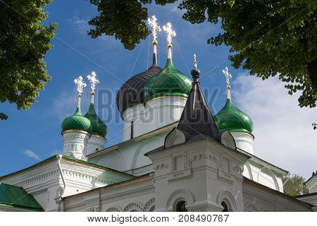 gloss of Christian crosses on domes of Feodorovsky Monastery in Pereslavl-Zalessky