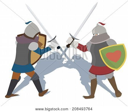 knights of early Middle Ages fighting  with swords - vector cartoon