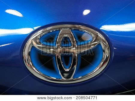 CRACOW POLAND - MAY 20 2017: Toyota metac logo closeup on the Toyota car displayed at 3rd edition of MOTO SHOW in Cracow Poland. Exhibitors present most interesting aspects of the automotive industry