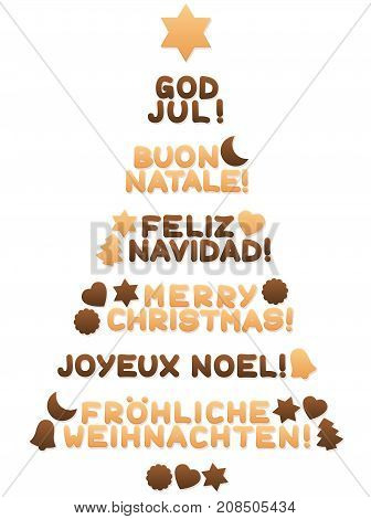 Cookies forming a christmas tree and wishing MERRY CHRISTMAS in spanish, english, swedish, italian, french and german words as a symbol for global xmas joy and peace - isolated vector on white.