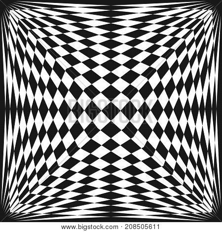 Vector abstract checkered seamless pattern. Stretched surface, optical illusion effect. Black & white geometric texture. Creative monochrome background. Pop art style. Square repeat design element. Checkered pattern. Seamless background.